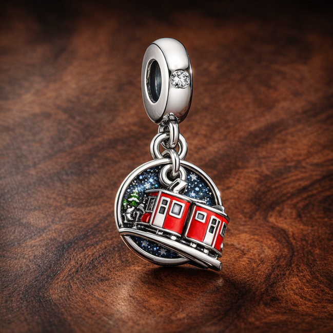 Red Cable Car Charm - Red Cable Car Charm — display on walnut