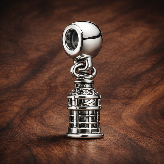 Silver Pagoda Landmark Charm - Silver Pagoda Landmark Charm — display on walnut
