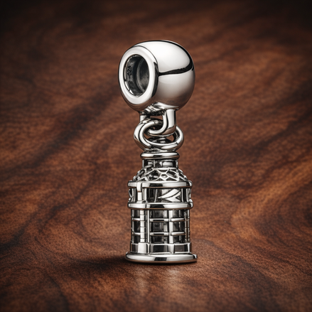 Silver Pagoda Landmark Charm - Silver Pagoda Landmark Charm — display on walnut