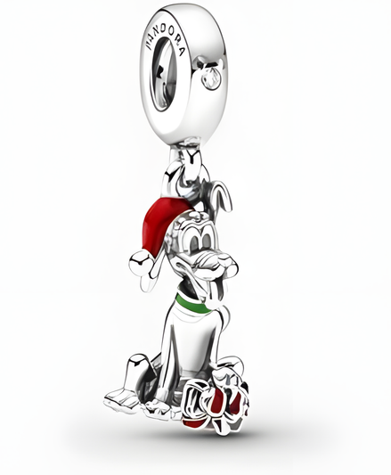 Sterling Silver Festive Dog Character Dangle Charm with Red and Green Enamel