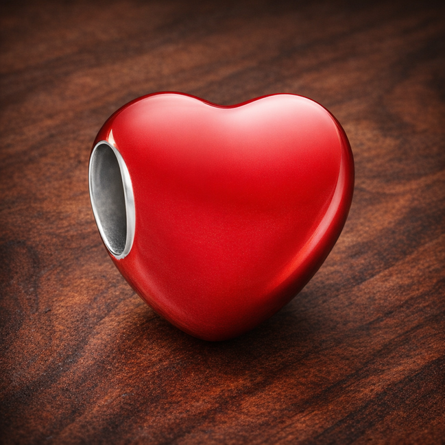 Color-changing Hidden Message Heart Charm — display on walnut