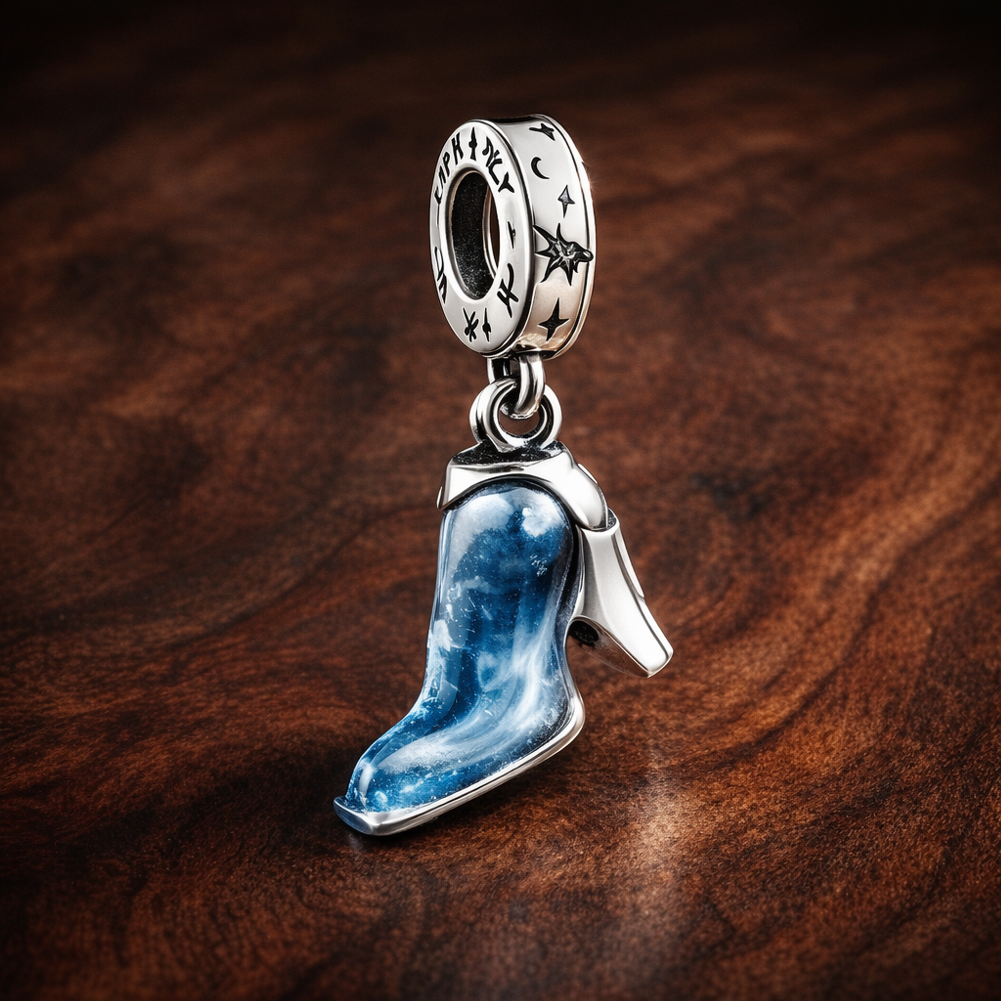 Disney Cinderella's Glass Slipper Dangle Charm — display on walnut