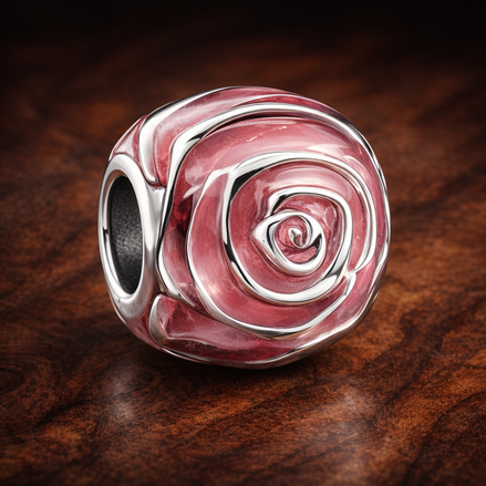 Pink Rose in Bloom Charm — display on walnut