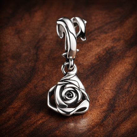 Rose in Bloom Dangle Charm — display on walnut