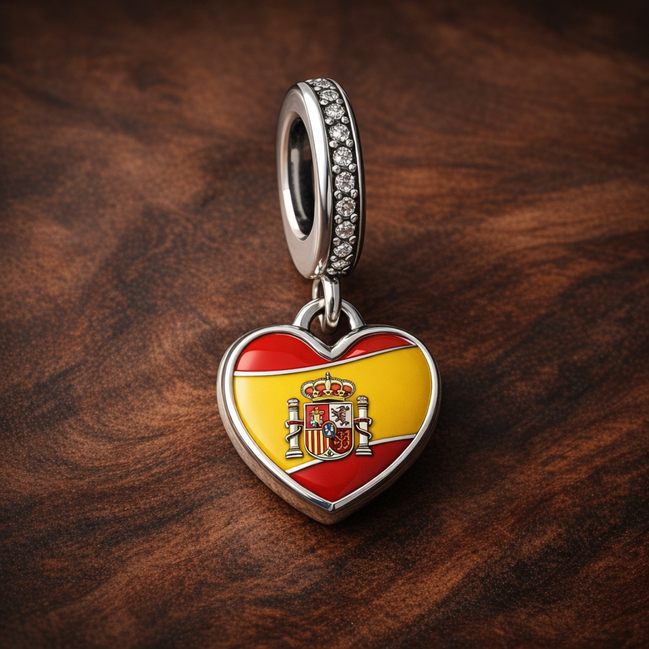 Spain Flag Heart Dangle - Spain Flag Heart Dangle Charm — display on walnut