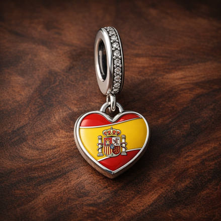 Spain Flag Heart Dangle - Spain Flag Heart Dangle Charm — display on walnut