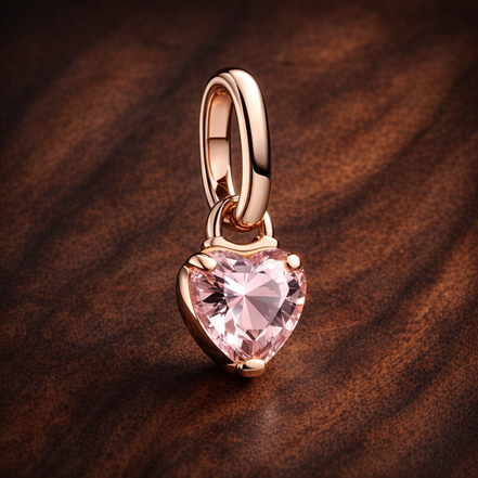 Pink Crystal Heart Charm - Pink Crystal Heart Charm — display on walnut