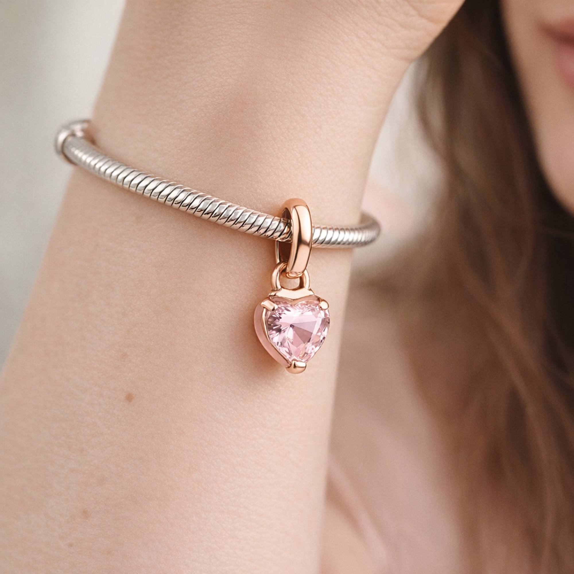 Pink Crystal Heart Charm - Pink Crystal Heart Charm — worn on wrist