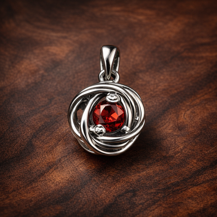 Red Eternity Circle Dangle Charm — display on walnut