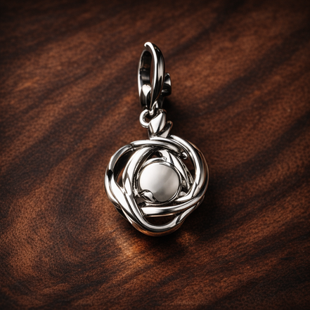 Clear Eternity Circle Dangle Charm — display on walnut