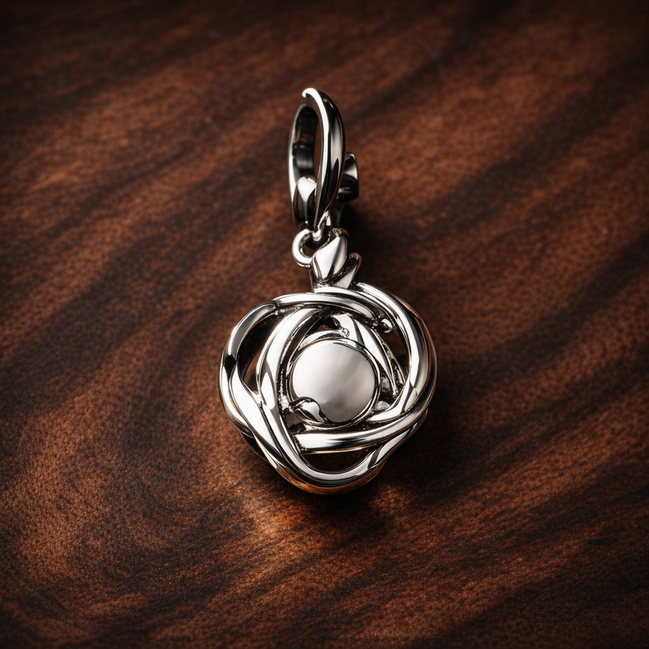 Clear Eternity Circle Dangle Charm — display on walnut