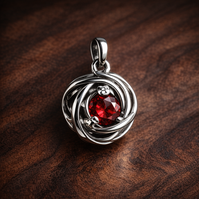 Red Crystal Knot Charm - Red Crystal Knot Charm — display on walnut