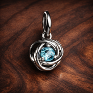 Sea Aqua Blue Eternity Circle Dangle Charm — display on walnut