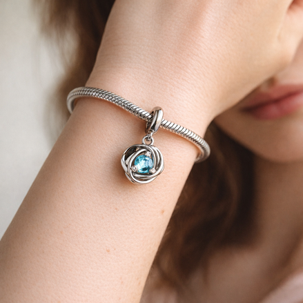 Sea Aqua Blue Eternity Circle Dangle Charm — worn on wrist