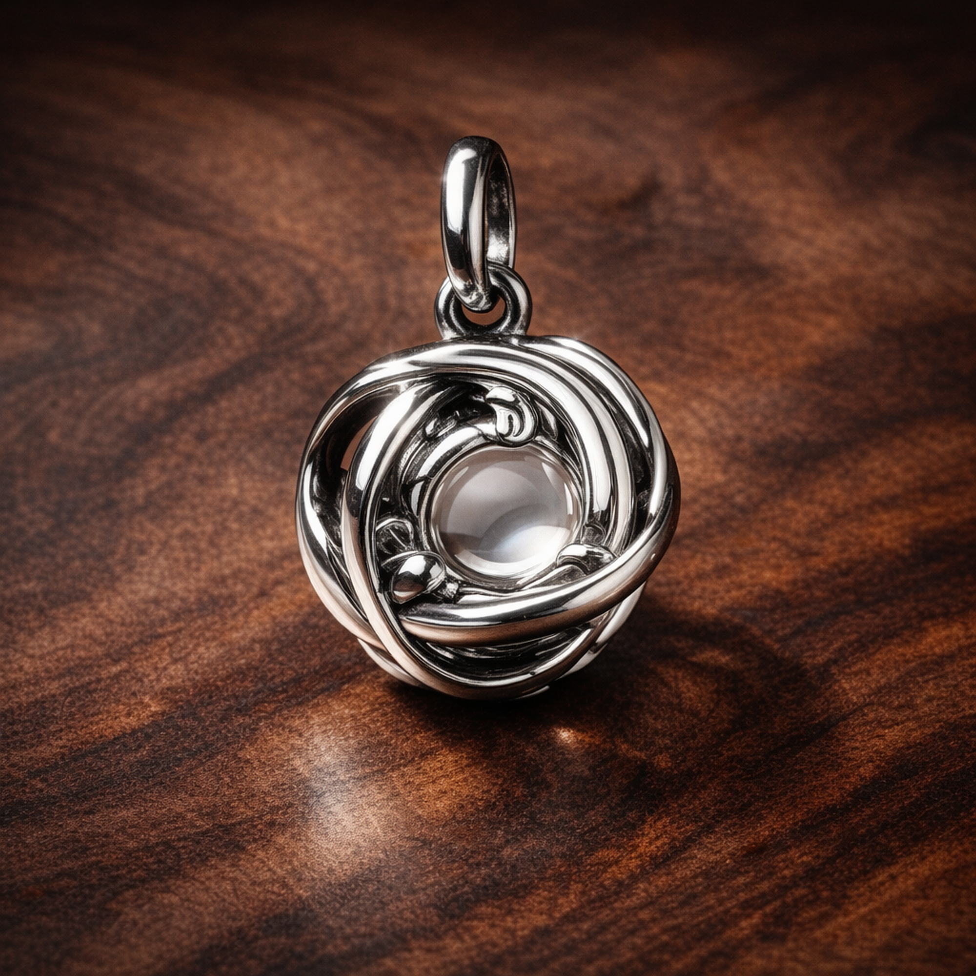 Silver Clear Knot Charm - Silver Clear Knot Charm — display on walnut