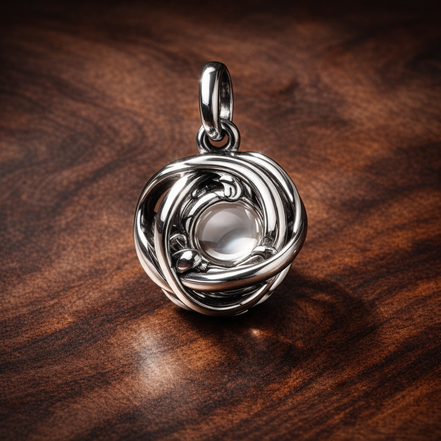 Silver Clear Knot Charm - Silver Clear Knot Charm — display on walnut