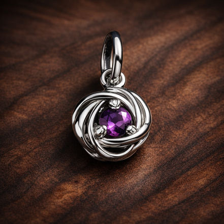 Purple Eternity Circle Dangle Charm — display on walnut