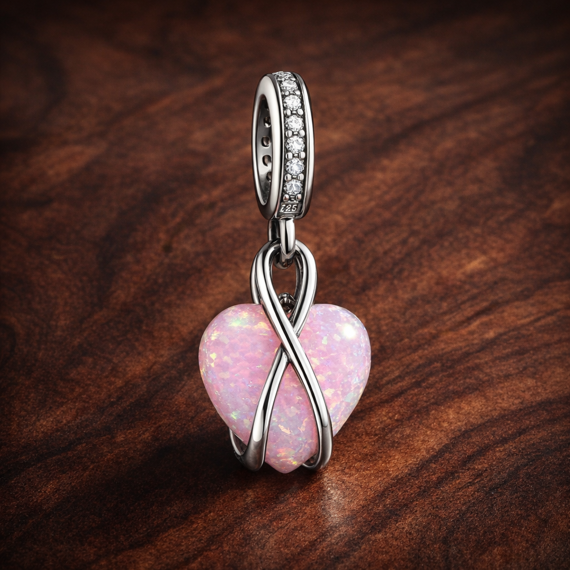 Mom Opalescent Heart Dangle Charm — display on walnut