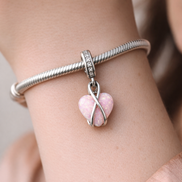 Mom Opalescent Heart Dangle Charm — worn on wrist