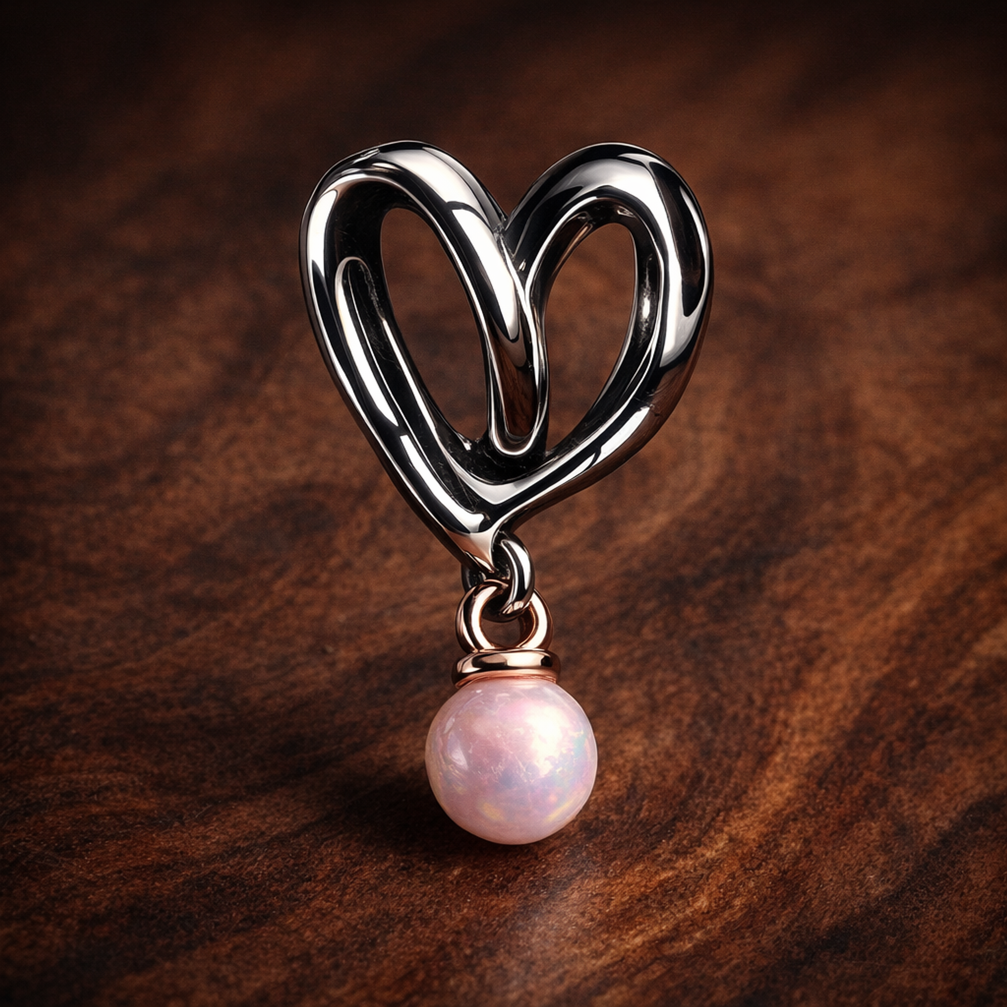 Open Heart Pearl Dangle Charm - Open Heart Pearl Dangle Charm — display on walnut