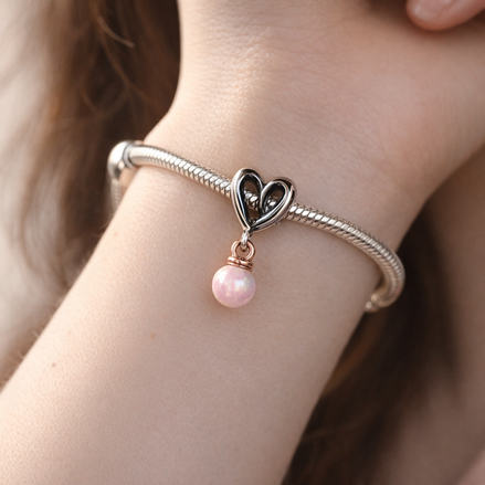 Open Heart Pearl Dangle Charm - Open Heart Pearl Dangle Charm — worn on wrist