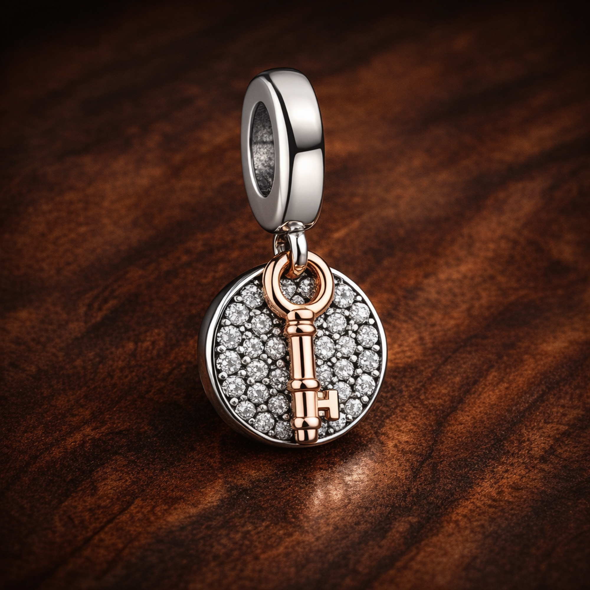 Two-Tone Pave Round Charm - Two-Tone Pave Round Charm — display on walnut