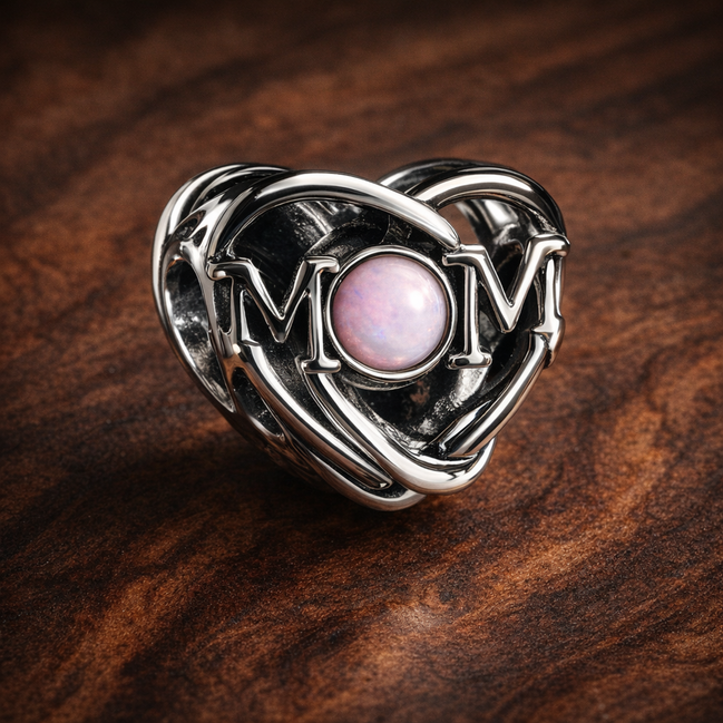 Openwork Mom & Heart Charm — display on walnut