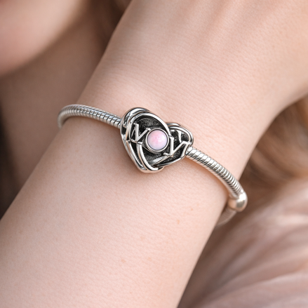 Openwork Mom & Heart Charm — worn on wrist