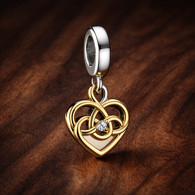 Golden Family Heart Charm - Golden Family Heart Charm — display on walnut
