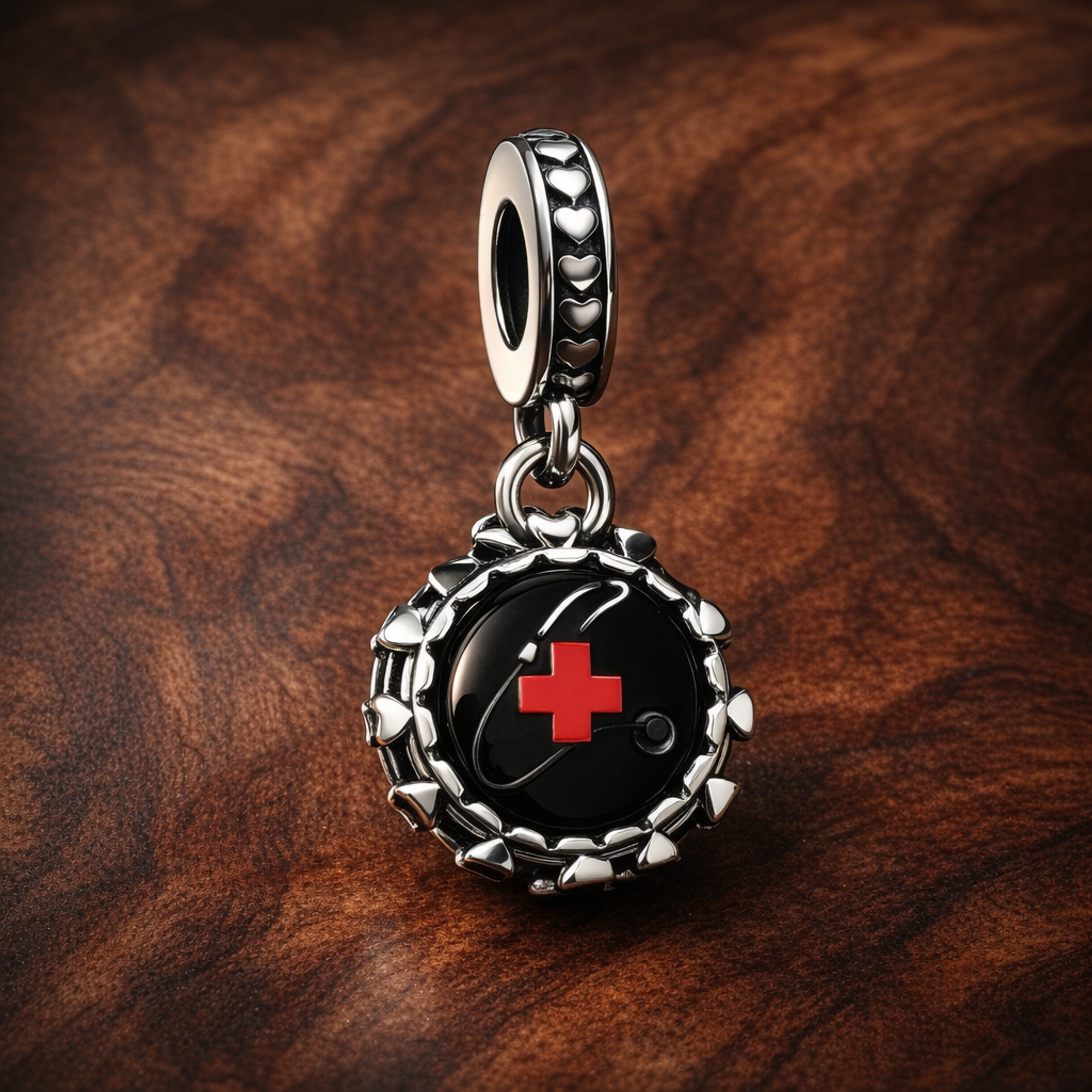 Medical Cross Circle - Medical Cross Circle Charm — display on walnut