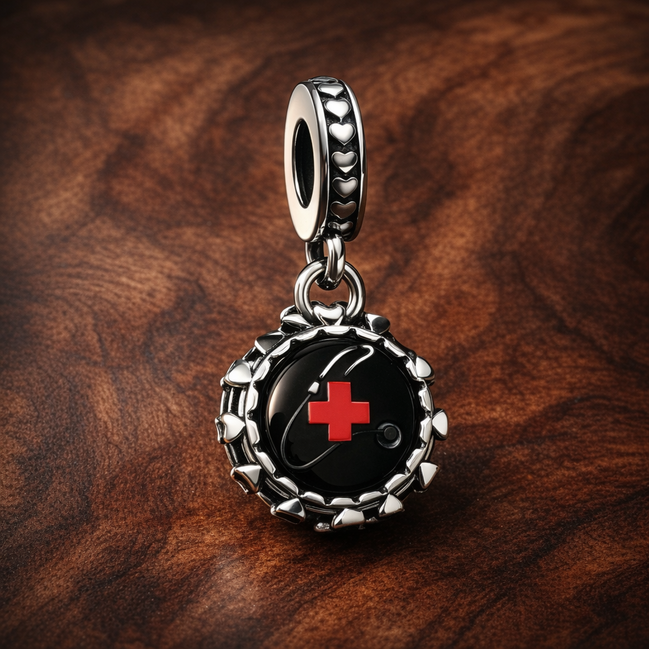 Medical Cross Circle - Medical Cross Circle Charm — display on walnut