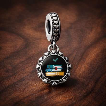 Schoolteacher Engravable Dangle Charm — display on walnut