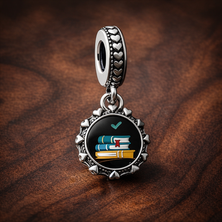 Schoolteacher Engravable Dangle Charm — display on walnut