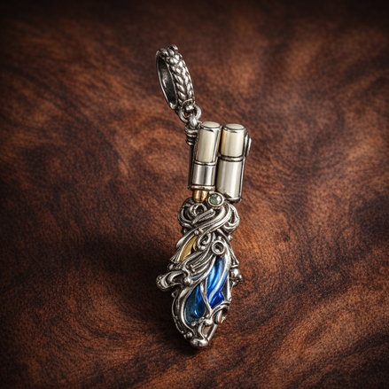 Blue Feather Dangle Charm - Blue Feather Dangle Charm — display on walnut