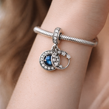 Moon Star Ring Dangle - Moon Star Ring Dangle Charm — worn on wrist