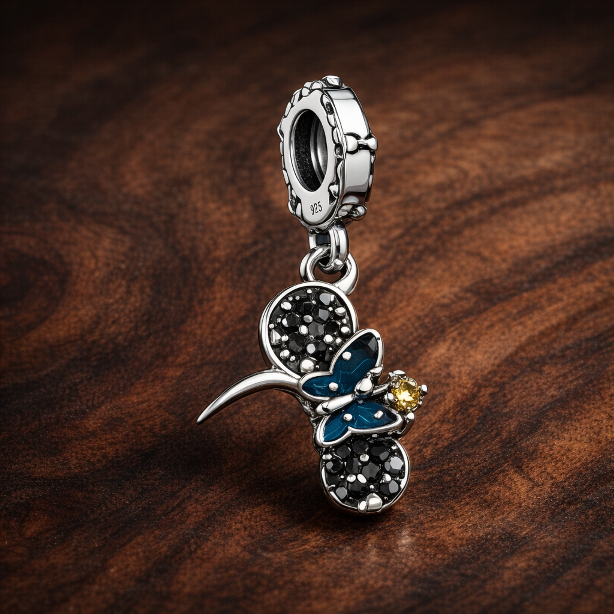 Black Cat Moon Charm - Black Cat Moon Charm — display on walnut