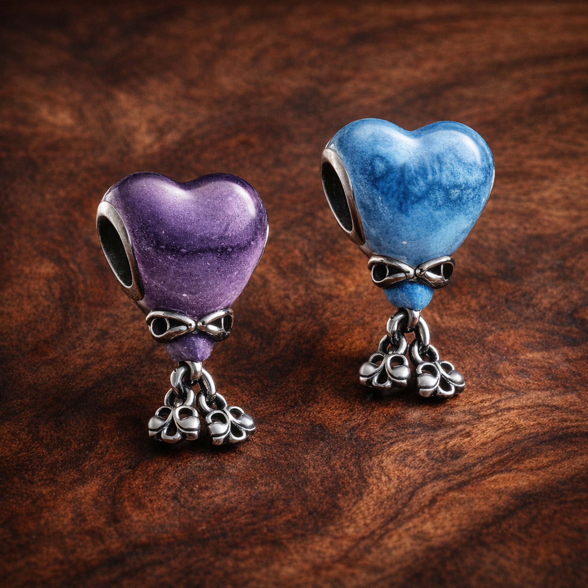 Purple and Blue Heart Balloon Charms - Purple and Blue Heart Balloon Charms — display on walnut