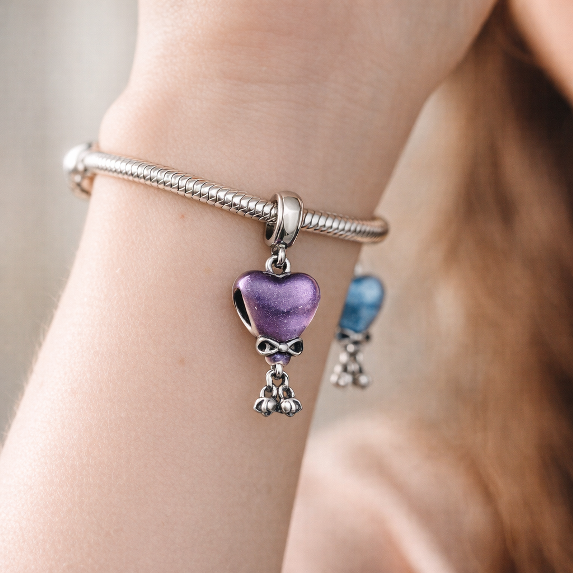 Purple and Blue Heart Balloon Charms - Purple and Blue Heart Balloon Charms — worn on wrist