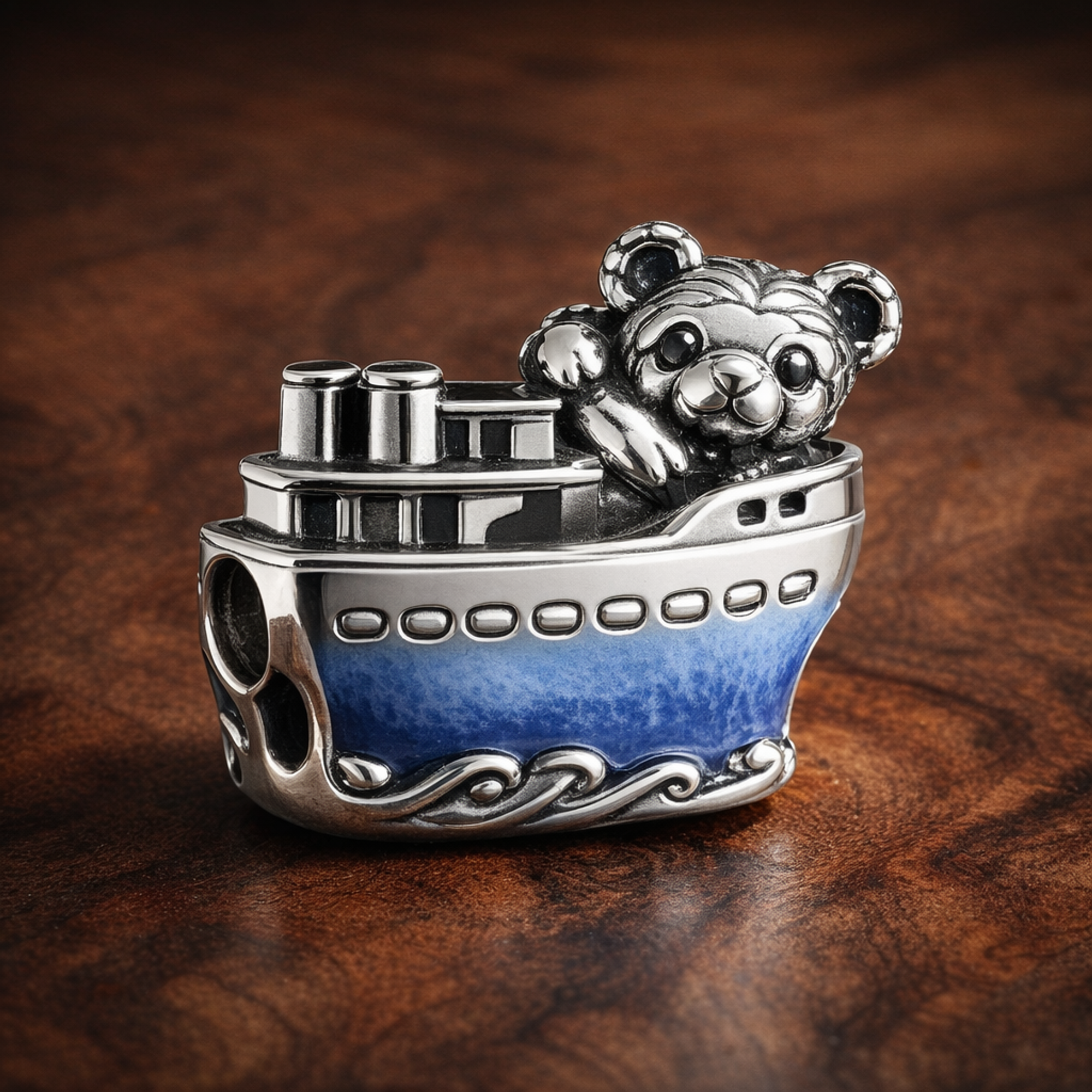 Steamboat Willie Ship Charm - Steamboat Willie Ship Charm — display on walnut