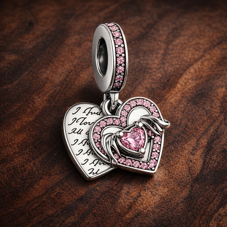 Heart & Mom Dangle Charm — display on walnut