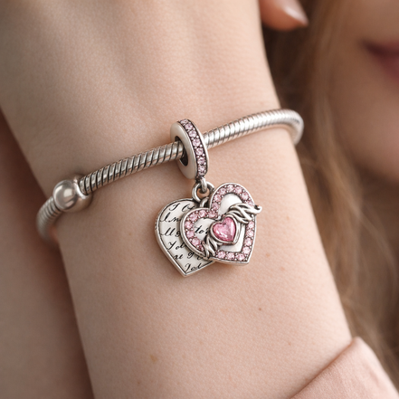 Heart & Mom Dangle Charm — worn on wrist