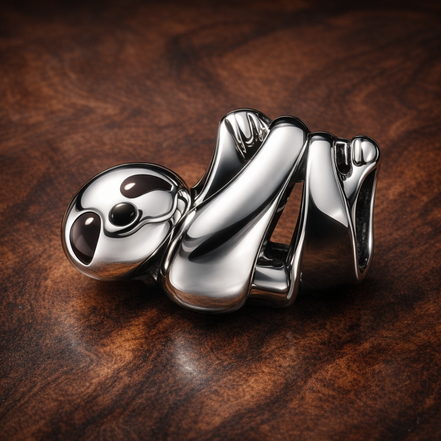 Cute White Sloth Charm — display on walnut