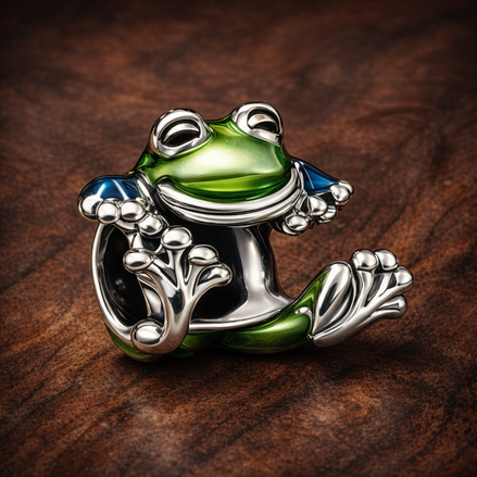 Climbing Frog Charm — display on walnut