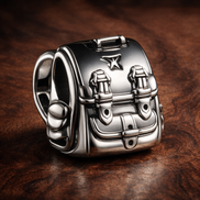 Adventure Backpack Charm — display on walnut