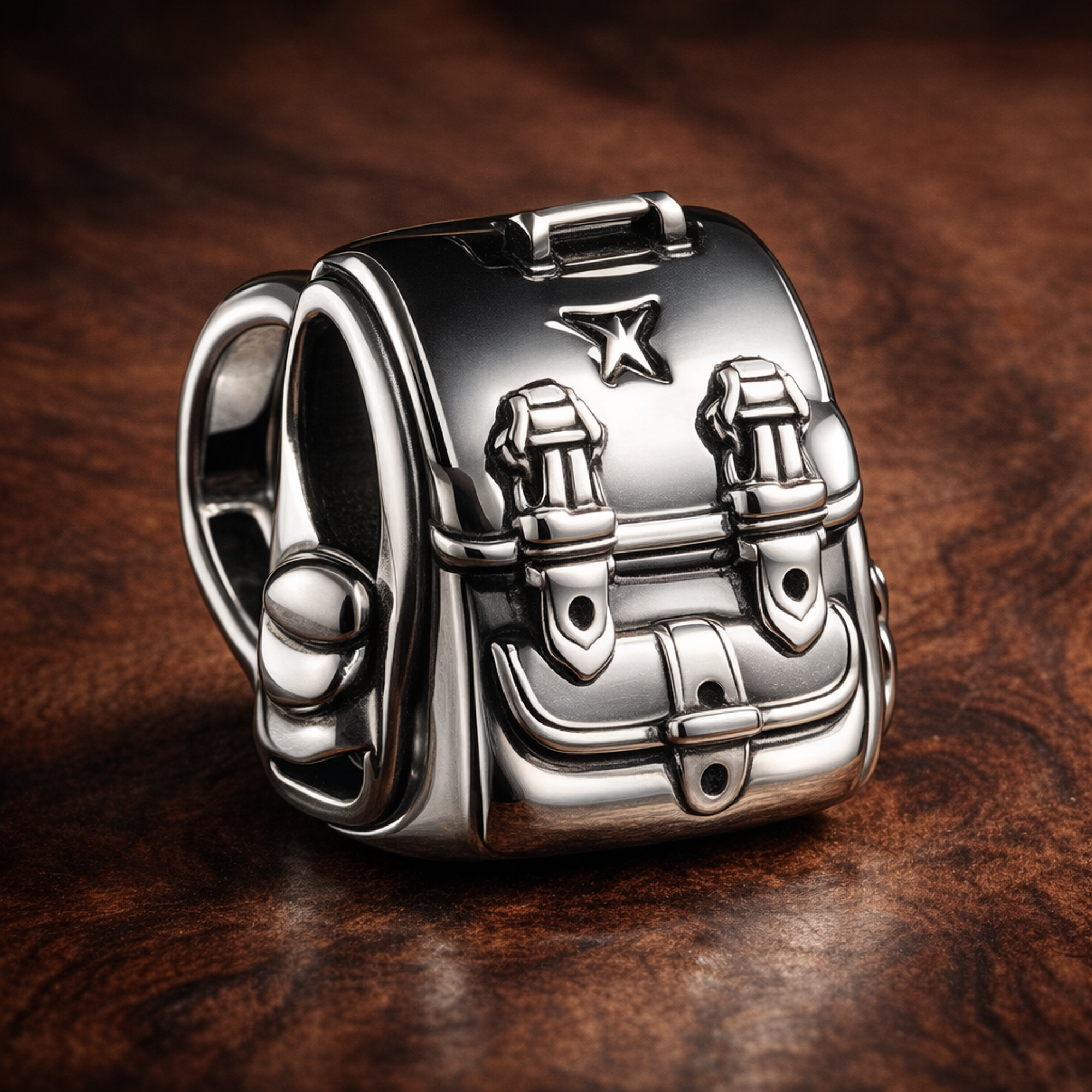 Adventure Backpack Charm — display on walnut