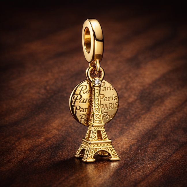 Paris Eiffel Tower Lab-Grown Diamond Engravable Double Dangle Charm — display on walnut