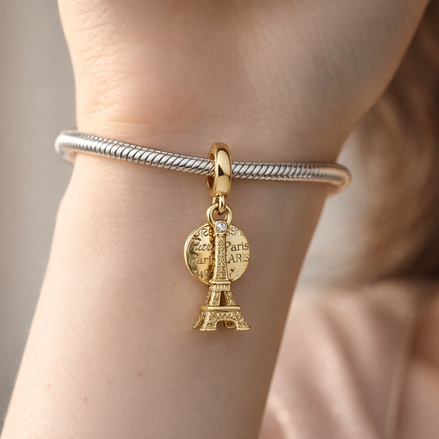 Paris Eiffel Tower Lab-Grown Diamond Engravable Double Dangle Charm — worn on wrist