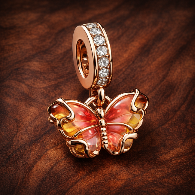 Pink & Yellow Murano Glass Butterfly Dangle Charm — display on walnut