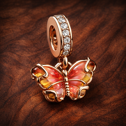 Pink & Yellow Murano Glass Butterfly Dangle Charm — display on walnut