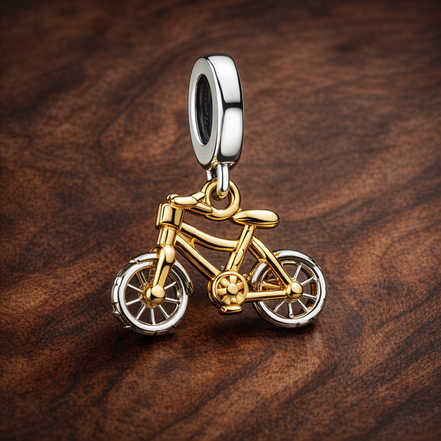 Gold Plated Bicycle Charm - Gold Plated Bicycle Charm — display on walnut